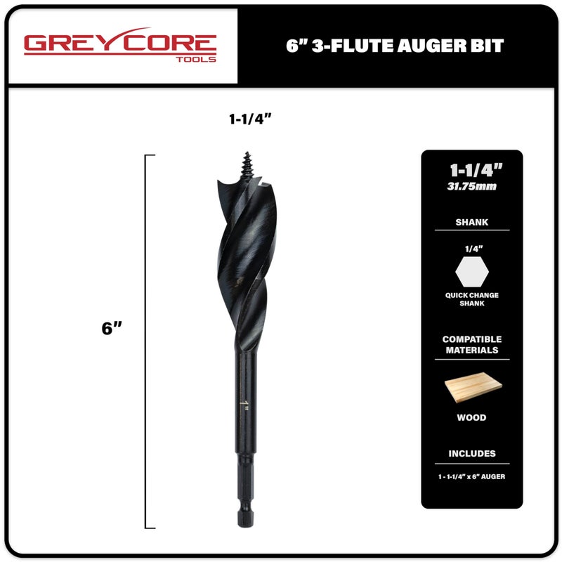 Greycore Tools 1-1/4 Inch x 6 Inch 3-Flute Auger Bit, Wood Drill Bit for Hard and Soft Wood, 1/4    Quick Change Shank, Woodworking Auger Bits (1-1/4    x 6    Auger) - Image 2